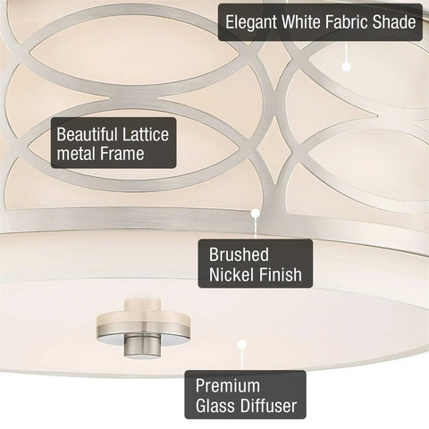 Close-up of Sienna 15 Inch Sleek Modern Lattice Drum Semi Flush Mount Ceiling Light showing lattice frame and glass diffuser.