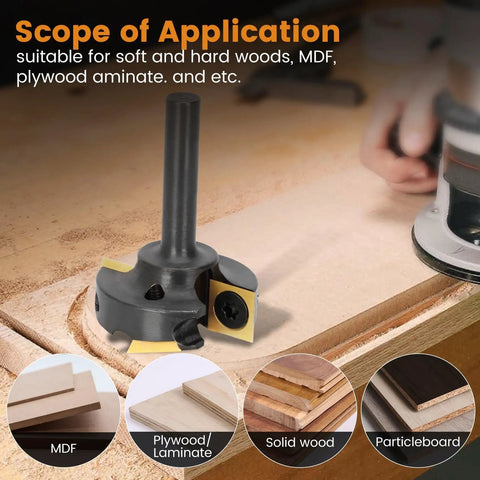 Heavy Duty Carbide Insert Surfacing Router Bit With One Quarter Inch Shank And One And One Quarter Inch Cutting Diameter Four Wing Anti Vibration Design TiAlN Coated Replaceable Blades For Heat Resistance Pro Grade Woodworking Planing Bit used on MDF surface