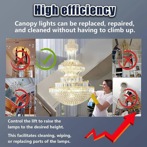 Heavy Duty Electric Chandelier Hoist Lifter System With 19.69ft Stroke Capable Of Handling 20 To 130kg Loads Plus Remote Control for easy lamp cleaning.
