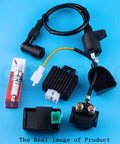Set Of 5 Ride Ready Ignition Coil Relay Voltage Regulator 5 Pin CDI Box Spark Plug Kit For 49cc-125cc ATVs on blue background