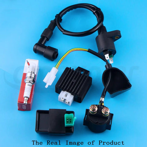 Set Of 5 Ride Ready Ignition Coil Relay Voltage Regulator 5 Pin CDI Box Spark Plug Kit For 49cc-125cc ATVs on blue background