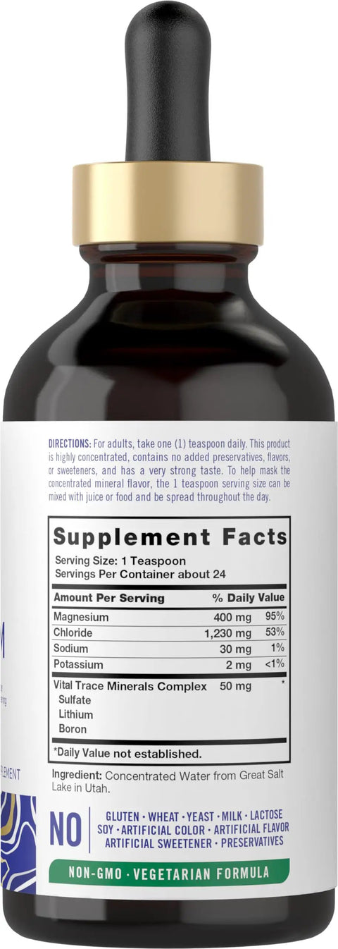 Back view of Magnesium Liquid Complex Drops, 400 Mg Per Serving, 4 Fl Oz, Vegetarian, Non GMO Gluten Free Mineral Supplement With Sulfate And Boron bottle.