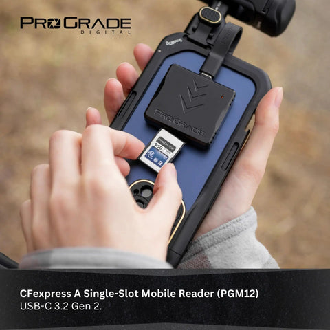 CFexpress Type A Single Slot Mobile Card Reader with USB C 3.2 Gen 2 demonstrating card insertion on a device