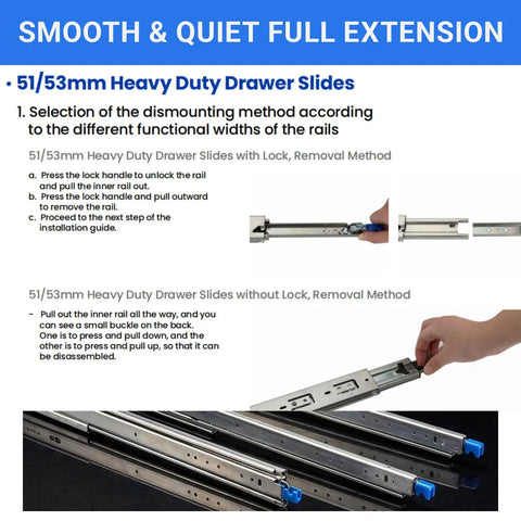 Heavy Duty 72 Inch Drawer Slides With 500 Lb Capacity, Full Extension, Lock-In Lock-Out, Side Mount Ball Bearing Rails For RV, Truck Bed, Trailer, And Pull-Out Tool Drawers, blue steel slides with lock release