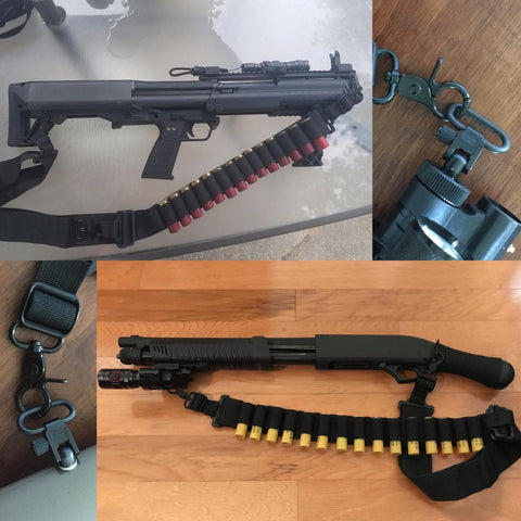 Two Point Shotgun Sling For 12 Gauge With 15 Round Capacity And 8 Round Butt Stock Premium Quick Detach Tactical Strap shown on shotgun