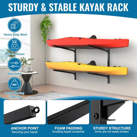 Heavy Duty Kayak Storage Rack Wall Mount For Garage Paddling Boats Hella Secure Dual Tier with red and yellow kayaks displayed.