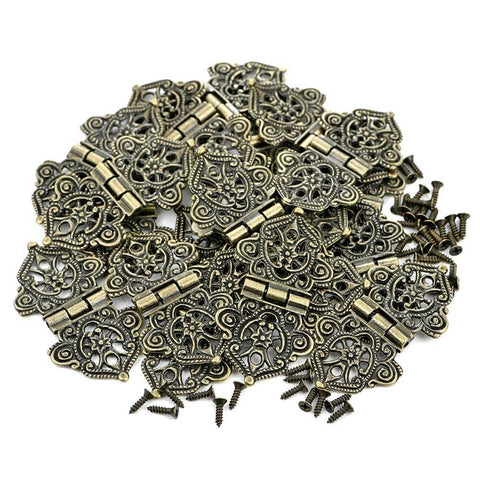 Antique Bronze Engraved Hinge Set 20 Pieces Hollow Carved Design For Jewelry Boxes