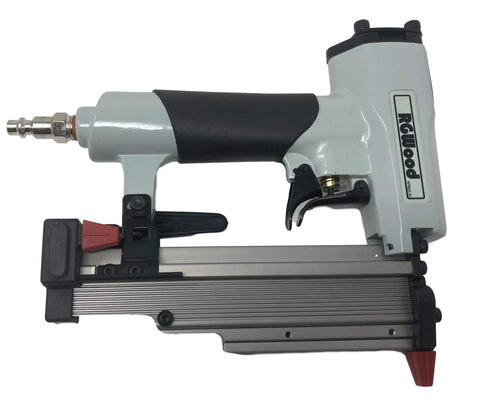 Heavy Duty Pneumatic 23 Gauge Brad Nailer Shoots Straight Through Detail Work With 6000 Piece Headless Pin Kit And Built In Air Duster For No Sweat Fine Crafting side view showing handle and trigger.