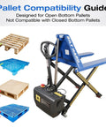 Heavy Duty Semi Electric High Lift Scissor Pallet Jack 3300 Lbs Capacity with pallet compatibility guide for open bottoms.