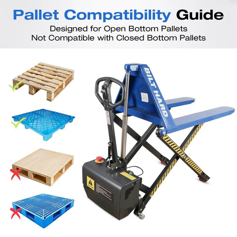 Heavy Duty Semi Electric High Lift Scissor Pallet Jack 3300 Lbs Capacity with pallet compatibility guide for open bottoms.