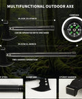 Multi-functional outdoor axe with compass, heavy duty camping axe and shovel multi tool set for off road survival gear tactical car emergency kit compact steel axe shovel combo built tough for camping hiking bug out and everyday outdoor projects.