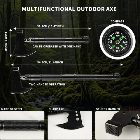 Multi-functional outdoor axe with compass, heavy duty camping axe and shovel multi tool set for off road survival gear tactical car emergency kit compact steel axe shovel combo built tough for camping hiking bug out and everyday outdoor projects.