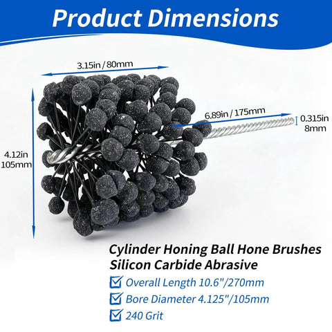 Cylinder honing ball brush, 4.125 in diameter, 240 grit silicon carbide, for hydraulic/pneumatic cylinders