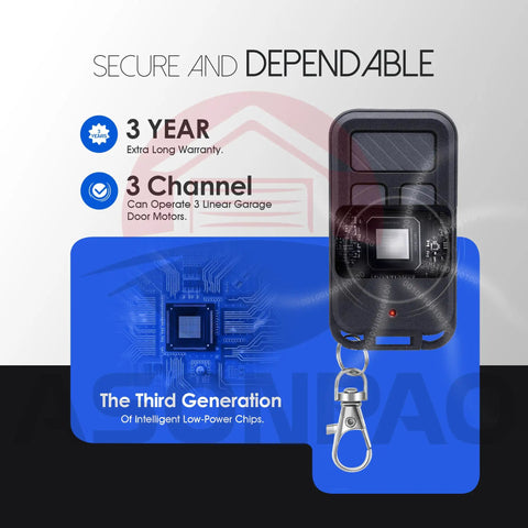 Universal Garage Door Opener Remote 893Max 890Max showcasing design and features, includes warranty details and chip information.