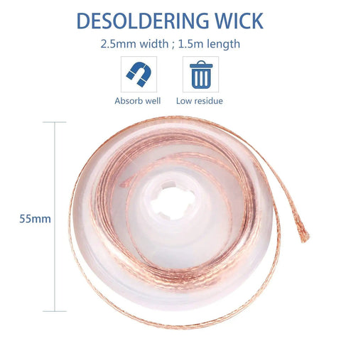Top view of Desoldering Wick Solder Braiding 2.5mm Width 1.5m Length showing copper braiding with absorb well and low residue features.