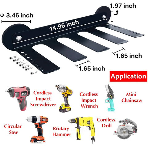 Heavy Duty Magnetic Tool Rack With Four Slots For Garage And Workshop Storage Magnetic Mount Shelves For Power Tools Like Drills And Saws Anti Slip Holding Pro Grade Organizer Or Wall Mount For Metal Surfaces Ideal For Home Or Shop diagram.