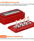Heavy Duty 300 Amp Bus Bar Box With Nickel Plated Brass Conductors And Four M8 Terminals, red block with terminals.