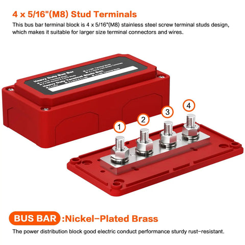 Heavy Duty 300 Amp Bus Bar Box With Nickel Plated Brass Conductors And Four M8 Terminals, red block with terminals.