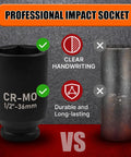 One And A Half Inch Deep Impact Socket Half Inch Drive Workhorse Chrome Moly Six Point Axle Nut Tool shown with comparison to inferior socket.