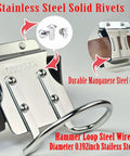 Close-up of Built To Last Stainless Steel Hammer Holster for Tool Belts with solid rivets, steel clip, 2.6 inch hammer loop.