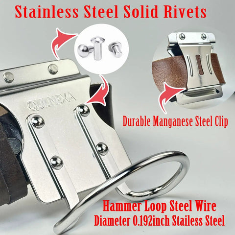 Close-up of Built To Last Stainless Steel Hammer Holster for Tool Belts with solid rivets, steel clip, 2.6 inch hammer loop.