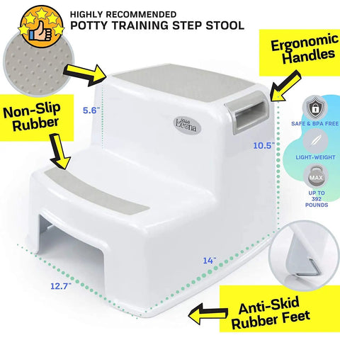 Dual Height Two Step Stool For Kids With Slip Resistant Soft Grip Handles Ideal For Potty Training In The Bathroom Or Kitchen BPA Free Safe Design Durable Toddler Stool For Everyday Use Gray with ergonomic handles and anti-skid feet