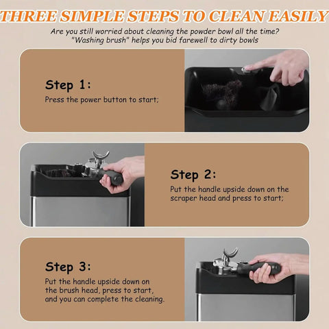 Image showing three simple steps to clean the Electric Espresso Knock Box With Automatic Portafilter Cleaner.