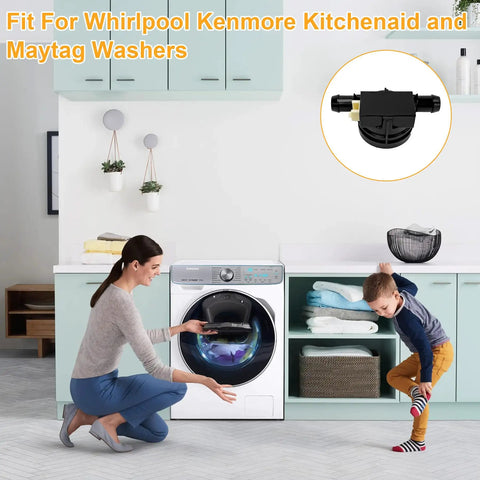 Inlet Flow Meter Replacement for Washing Machine WPW10110225 next to front-load washer in modern laundry room