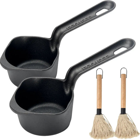 Cast Iron Sauce Pan And Basting Pot Set With BBQ Mop Brushes for grillin, melting butter, campin and stove top cooking with dual spouts.