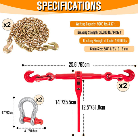 Specifications for Heavy Duty Chain Binders And Tie Down Chains 3/8 To 1/2 Inch 10 Foot Length With G70 Hooks