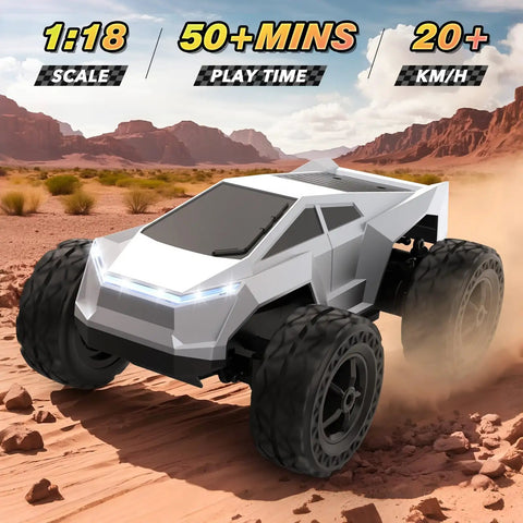All Terrain RC Car Monster Truck With LED Lights 1:18 Scale 2.4GHz Remote Control Off Road Toy in desert terrain