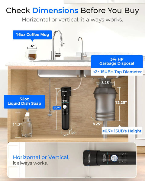 Dimensions guide for Under Sink Water Filter System 15UB With Faucet Reduces PFAS PFOA PFOS Lead Chlorine Bad Taste NSF ANSI 42.
