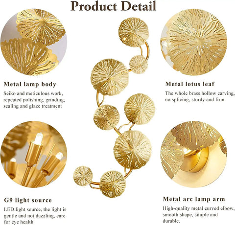 Lux Lotus Leaf Wall Sconce Night Light With Gold Finish featuring metal lotus leaf and arm details