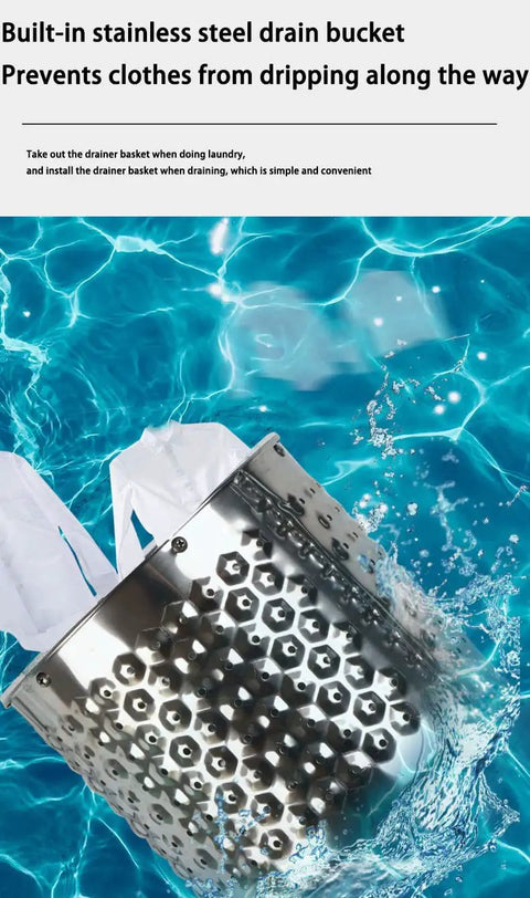 Built-in stainless steel drain bucket in water, part of Mini Portable Washer With Bionic Hand Wash Motion, built for apartment use.