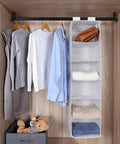 Rock Solid Six Shelf Hanging Closet Organizer With Dividers In Clean White Non Woven Fabric Collapsible Vertical Storage For Clothes And Quilts No Sweat Setup Game Changer with sweaters and shelves.