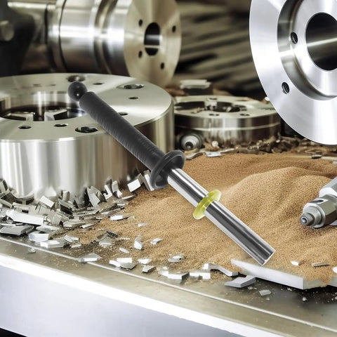 Magnetic Pickup Tool Wand With Release Handle For Nails Screws And Metal Scraps in workshop with metal shavings.