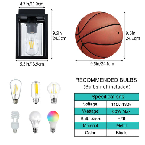 Dimensions and recommended bulbs for Flush Mount Ceiling Light Fixture With Clear Glass Shade In A Farmhouse Black Metal Frame, E26 base