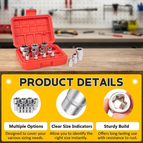 14 Piece E-Torx Socket Set With 1/4 3/8 1/2 Inch Drives External Torx Star Sockets E4-E24 in red case on workbench