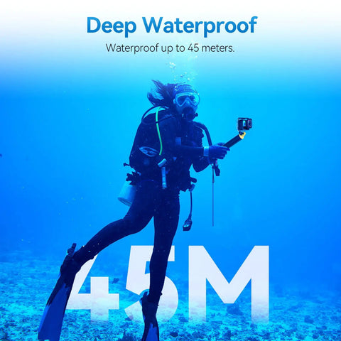Scuba diver using Insta360 Ace Pro Waterproof Dive Case With Bracket Screw 45m 148ft Deep Underwater Housing For Action Cameras.