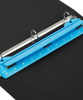 Blue 3 Ring Hole Puncher For Binders, Portable Metal Paper Punch with 10 Inch Ruler, on black background