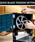 Hands adjusting tension on 8 Inch Benchtop Band Saw With 0-45 Degree Tilting Range, 3A Pure Copper Motor, highlighting blade adjustments.