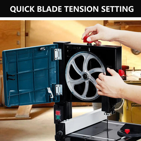 Quick blade tension setting on Deadly Accurate Benchtop Band Saw With Eight Inch Capacity for precise cutting.