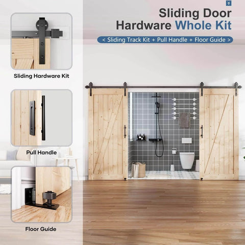 Double Door Sliding Barn Door Hardware Track Kit With Wall Mount And Industrial Spoke Wheel Black Finish, shown installed