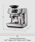 Oracle Jet Semi Automatic Espresso Machine Featuring Precise Heat Control Silky Milk Frothing Swipe Interface And Cold Brew Mode For Next Level Coffee Vibes At Home, side view with dimensions shown.