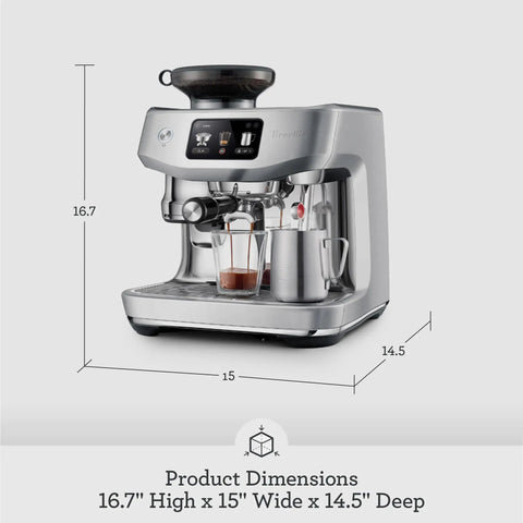 Oracle Jet Semi Automatic Espresso Machine Featuring Precise Heat Control Silky Milk Frothing Swipe Interface And Cold Brew Mode For Next Level Coffee Vibes At Home, side view with dimensions shown.