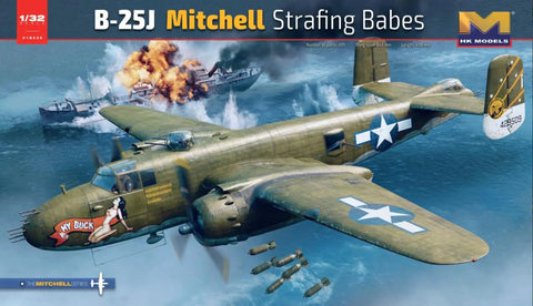Box art of 1/32 US Army B-25J Mitchell Strafing Babes Plastic Model Kit With 499 Parts, Unpainted Assembly Kit Includes Etched Parts And Nose Weights