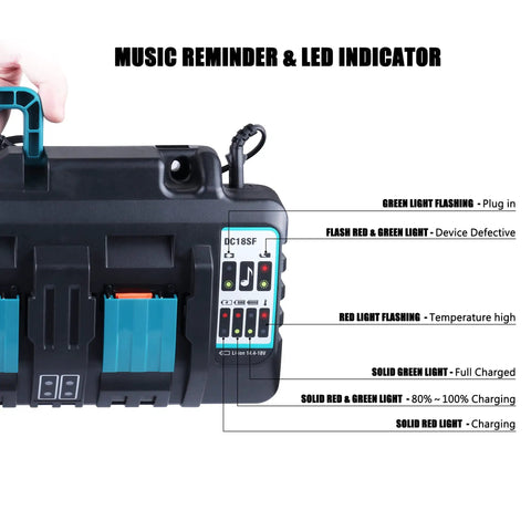 Beast 4 Port Fast Charger For 14.4V And 18V LXT Li Ion Batteries With LED indicators and music reminder on display panel