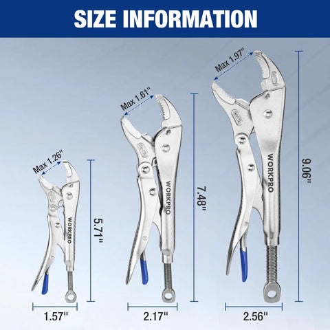 Locking Pliers Set With Curved Jaw And Long Nose, 5, 7, 10 Inch And Six Point Five And Nine Point Five Inch Sizes, CRMO Steel Construction