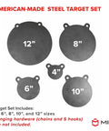 American-made steel target set, showing five-piece 3/8-inch AR500 steel gong targets in 4" to 12" sizes for shooting practice.