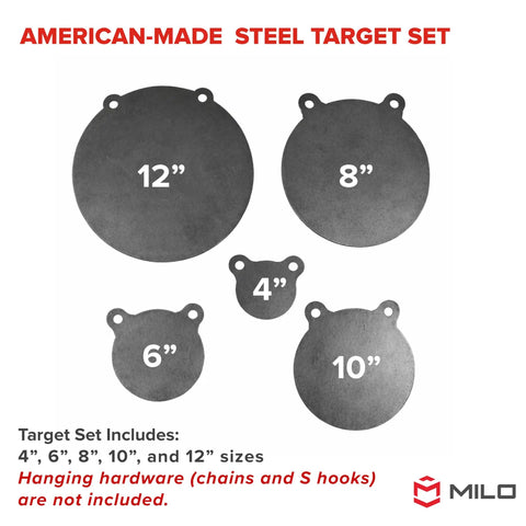 American-made steel target set, showing five-piece 3/8-inch AR500 steel gong targets in 4" to 12" sizes for shooting practice.